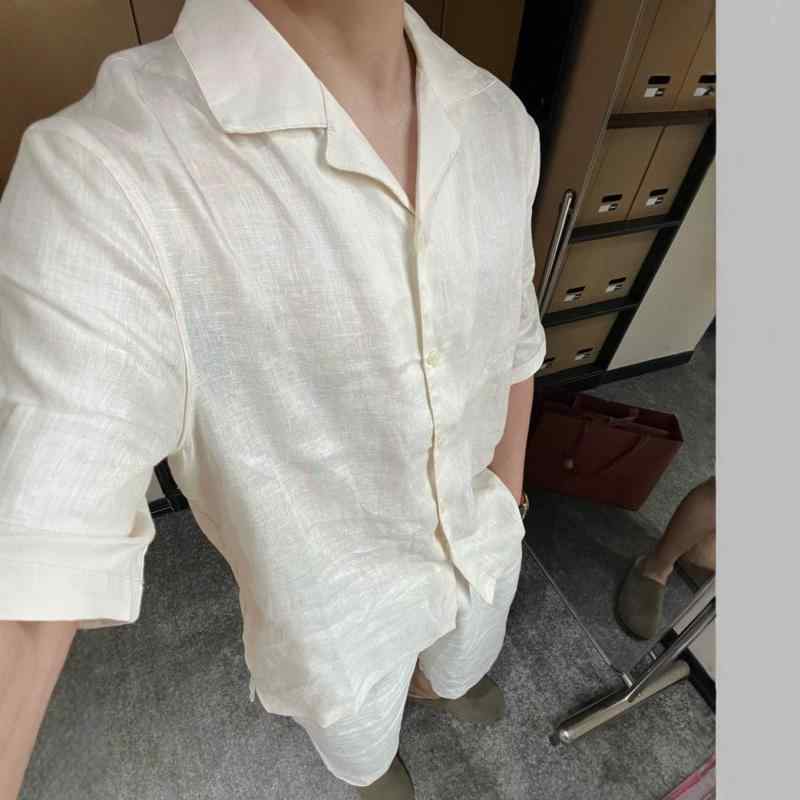 シャツ 男性用 半袖 麻 リネン キューバシャツ アロハシャツ カジュアル ルームウェア 普段使い 薄手 杏色 通気性
