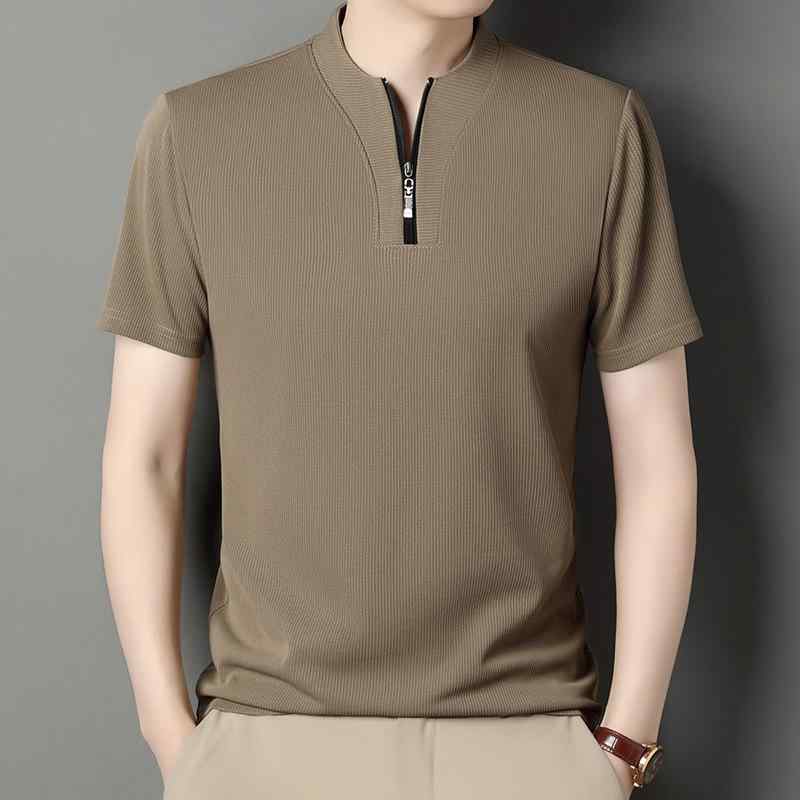 Tシャツ メンズ 男性用 半袖 立襟 無地 ゆったり リラックスフィット カジュアル ファスナー 薄手 通気性 吸湿速乾