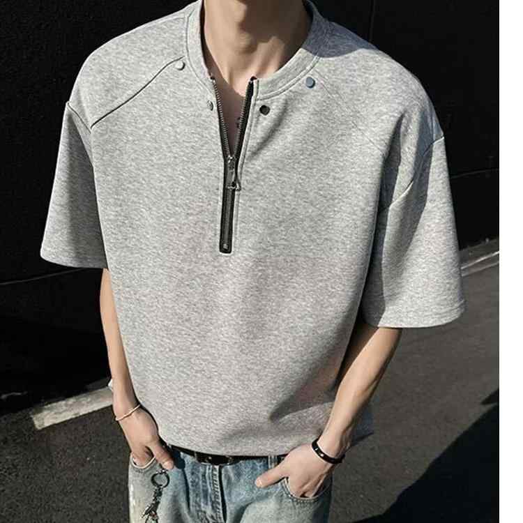 Tシャツ メンズ 半袖 ハーフジップ ドロップショルダー T-shirt カットソー トップス プルオーバー アメカジ ストリート カジュアル ゆったり オーバーサイズ 無地 黒 ブラック グレー ポリエステル