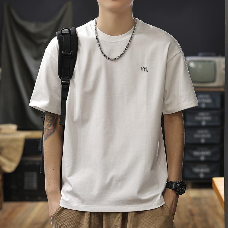 Tシャツ メンズ 男性用 半袖 コットン 刺繍 薄手 ラウンドネック トップス カットソー ゆったり ワンポイント カジュアル 白 黒