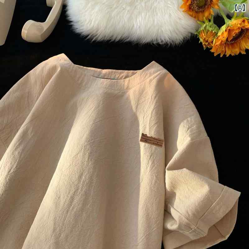 Tシャツ メンズ 半袖 コットン リネン 接触冷感 ラウンドネック ドロップショルダー ゆったり 薄手 トップス カットソー 夏 男性用 杏色 ブラック ホワイト グリーン
