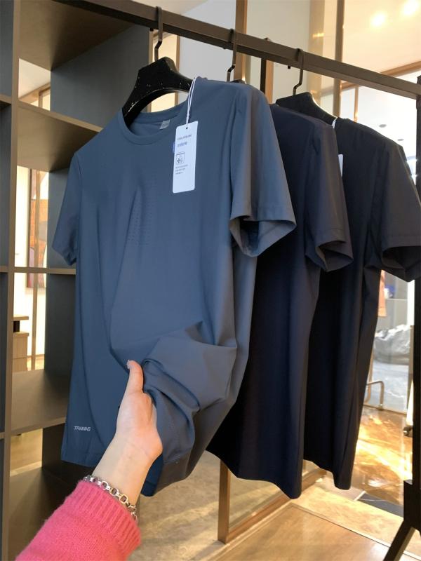 Tシャツ 男性用 スポーツ カジュアル トップス ナイロン 高弾性 接触冷感 吸湿速乾 レーザー孔 薄手 半袖 カットソー 白 黒 グレー 緑 紺