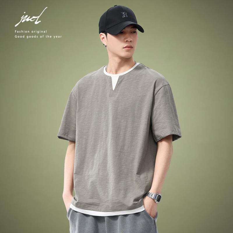 Tシャツ 男性用 半袖 コットン混紡 ラウンドネック カジュアル トップス 切り替え 接触冷感 部屋着