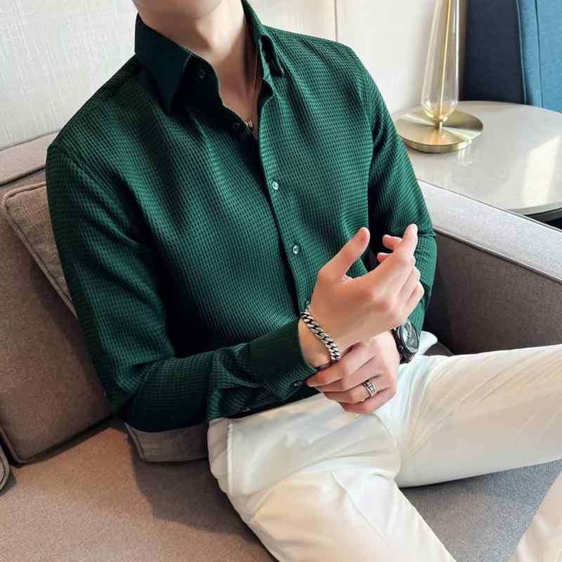 シャツ メンズ 長袖 高級感 ワッフル 春秋 ハイエンド ファッション フォーマル ビジネス 男性用 トップス リネン 白 黒 緑