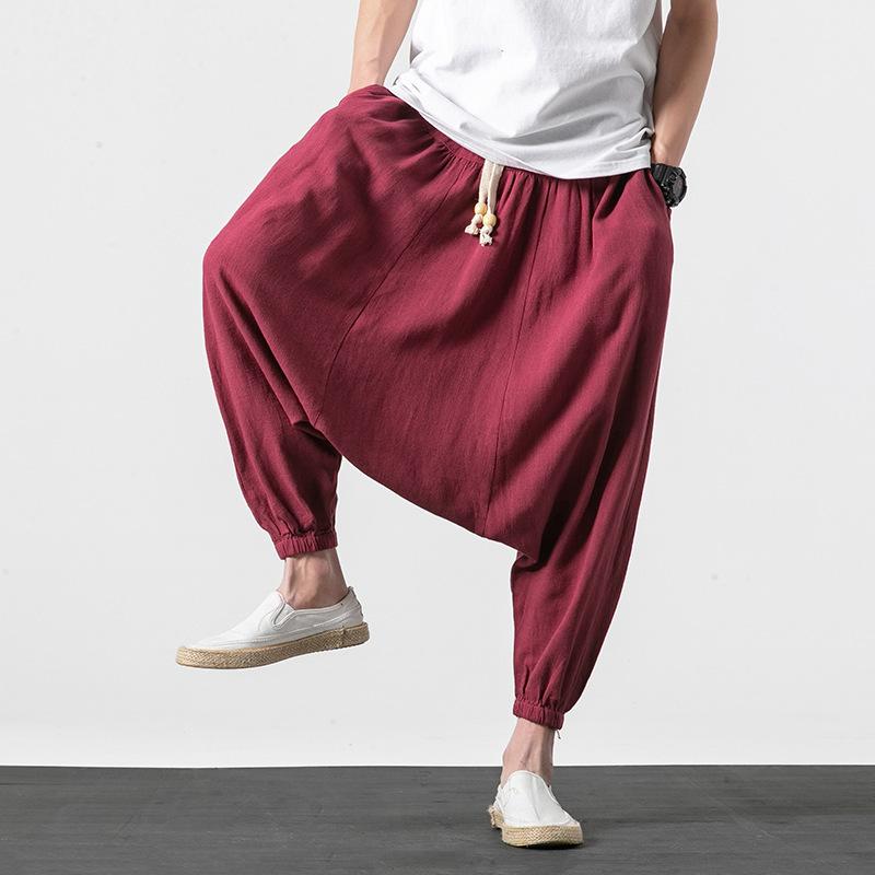 メンズ リネン パンツ ワイドレッグ サルエル アラジン ドローストリング イージーパンツ 袴パンツ 春秋 普段使い ルームウェア 部屋着 ブラック 黒 ネイビー 紺 ワインレッド