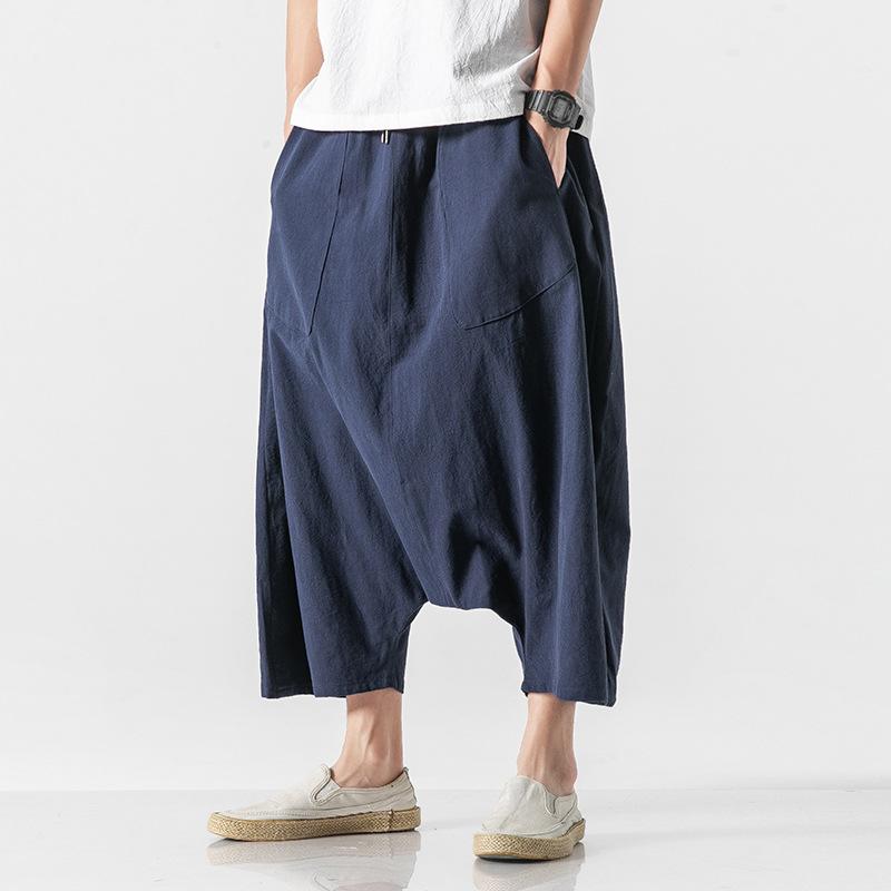 ハーフパンツ 男性用 ワイドレッグパンツ 綿麻 中国風 カジュアルパンツ 7分丈 春 ゆったり 黒 グレー カーキ ネイビー ブラウン M L XL 2XL 3XL 4XL 5XL