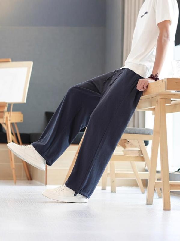パンツ 男性用 コットンリネン リラックス ストレートパンツ 薄手 涼しい 快適 レトロ ドローストリング ワイドパンツ ブラック 紺色 M L XL XXL 3XL 4XL 5XL 春夏