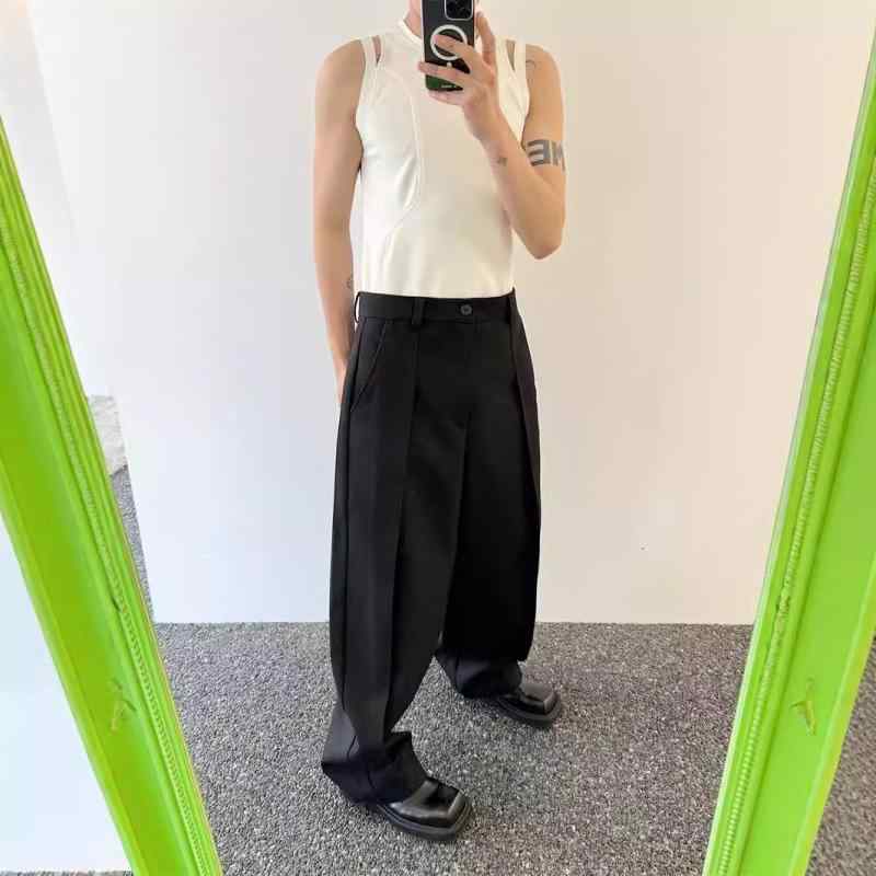 パンツ 男性用 ワイドレッグパンツ ブラック 無地 伸縮性なし 普段使い カジュアル ビジネス センタープレス ポリエステル