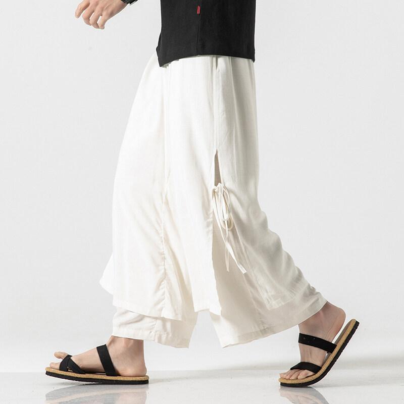 パンツ 男性用 綿麻 リネン 薄手 ゆったり 大きいサイズ 9分丈 ワイドレッグパンツ リラックスパンツ フレアパンツ ブラック 孔雀ブルー ライトブルー ホワイト グレー