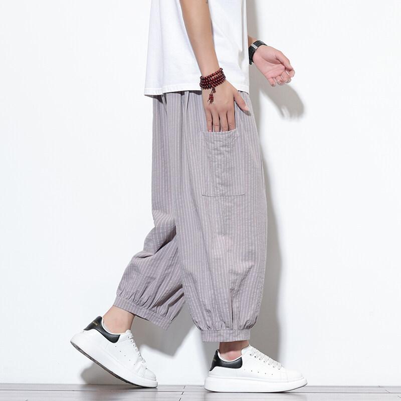パンツ 男性用 中国風 7分丈 カジュアルパンツ ルーズ ワイドレッグ ストライプ柄 サルエルパンツ 大寸サイズ 薄手 ズボン 綿混紡 普段使い 部屋着