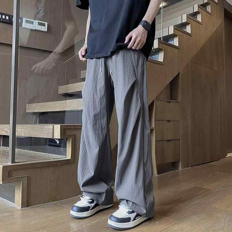 パンツ 男性用 ワイドレッグパンツ ストレートパンツ ポリエステル 薄手 通気性 リラックスフィット カジュアル ストリート ブラック グレー グリーン 春夏