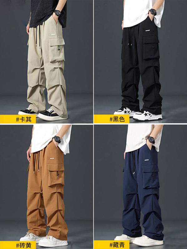 パンツ メンズ カーゴパンツ ワイドパンツ ミリタリー ワークパンツ ルーズ ストレート ドローコード 接触冷感 薄手 無地 ブラック レンガ キャメル カーキ