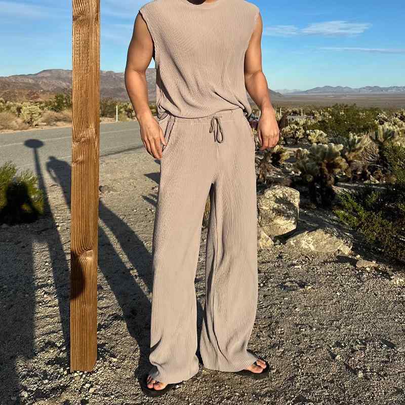 メンズ タンクトップ & パンツ セットアップ 男性用 部屋着 リラックスウェア カットソー 長ズボン 綿混紡 カーキ色