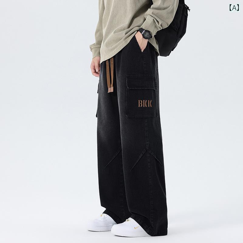 ジーンズ 男性用 ワークパンツ ワイドレッグ ルーズ 大きいサイズ ウォッシュ加工 ストレートパンツ 伸縮性 中厚 夏 旅行 普段使い ブラック グレー ブルー M L XL XXL XXXL 4XL 5XL 6XL 7XL 8XL