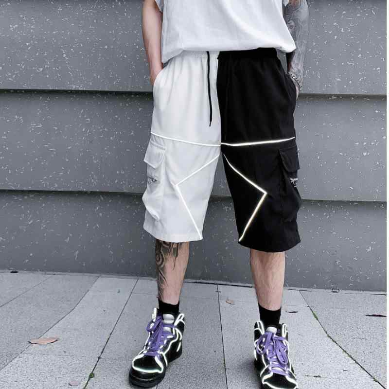 ハーフパンツ 男性用 ポリエステル 反射ストライプ ワークパンツ ゆったり ストレートパンツ 黒 白 M L XL 2XL 3XL