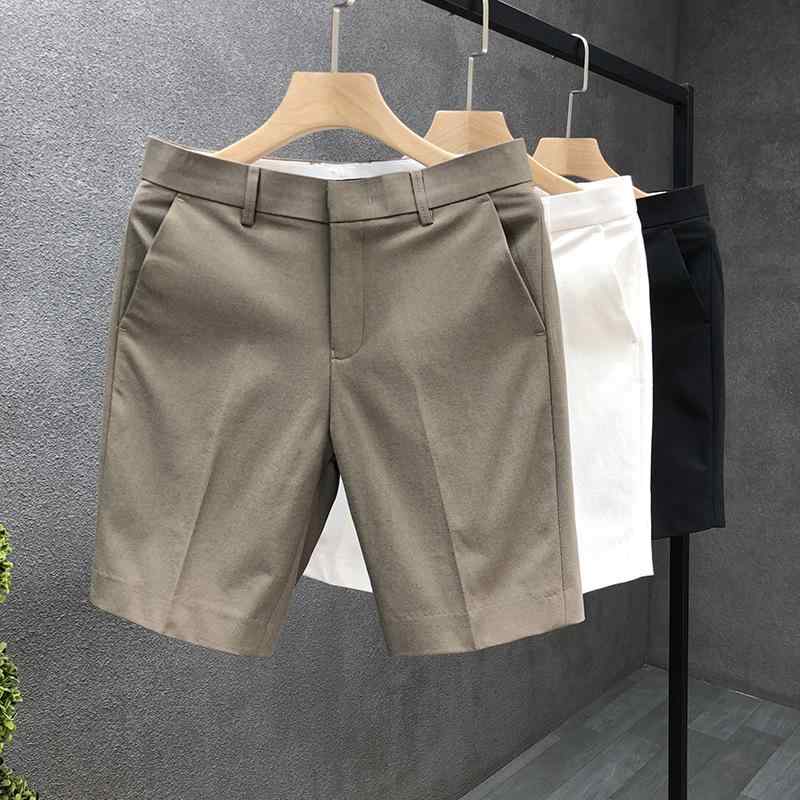 ハーフパンツ メンズ 男性用 ビジネス スラックス 膝丈 ストレート ゆったり 韓国風 リラックス ドレープ 無地 黒 白 茶 ポリエステル