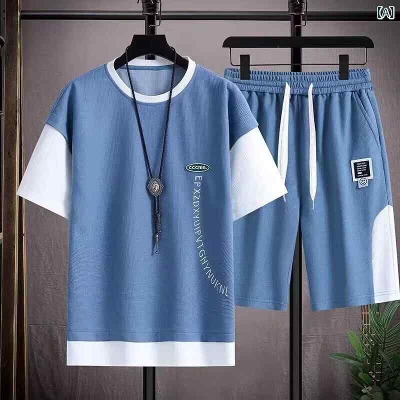 セットアップ メンズ 男性用 ワッフル生地 半袖 Tシャツ ハーフパンツ 上下セット 部屋着 ルームウェア 普段使い 5分袖 ポリエステル 春夏 ブルー ホワイト グレー