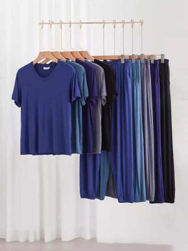 メンズ 部屋着 上下セット Tシャツ & 9分丈パンツ 再生繊維 薄手 Vネック カジュアル 男性用 リラックスウェア ルームウェア