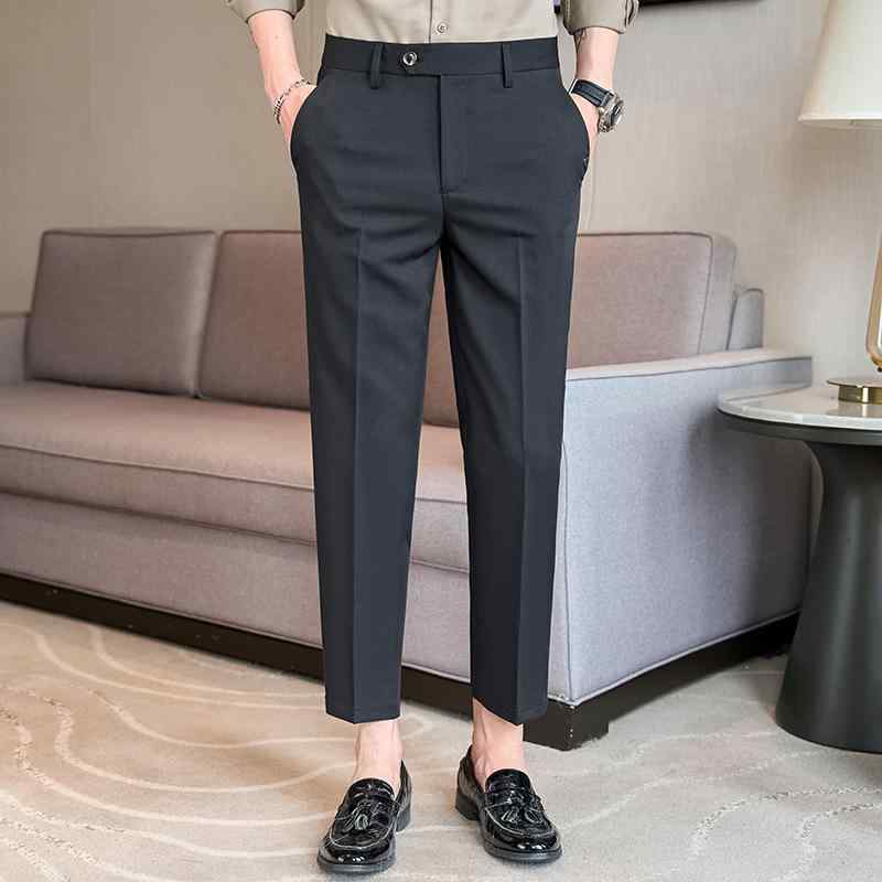 パンツ 男性用 9分丈パンツ スリムフィット ストレート 薄手 コットン 混紡 ビジネス 通勤 無地 黒 ブラック グレー カーキ グリーン