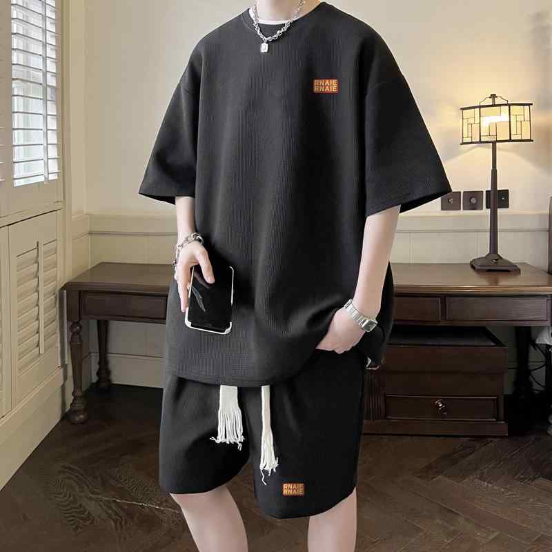 メンズ セットアップ 2点セット 男性用 ワッフル 半袖Tシャツ ショートパンツ スポーティ カジュアル 普段使い ルームウェア