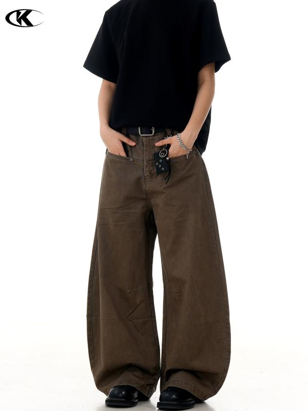 ワークパンツ 男女兼用 水洗い加工 復古調 ゆったり ストレートパンツ カーゴパンツ