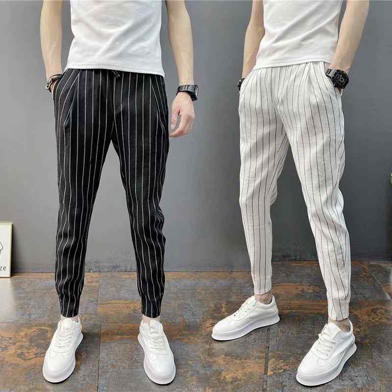 カジュアルパンツ 男性用 薄手 黒 白 ストライプ ウエストゴム テーパードパンツ 9分丈パンツ スリム 春夏 秋冬 伸縮性 ポリエステル