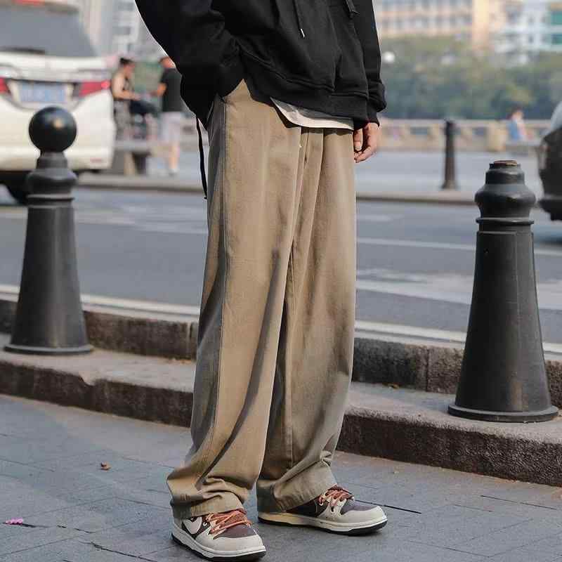 パンツ 男性用 ワークパンツ 春秋 カーキ色 ワイドレッグ ストレート 無地 カジュアルパンツ ポリエステル混紡 普段使い