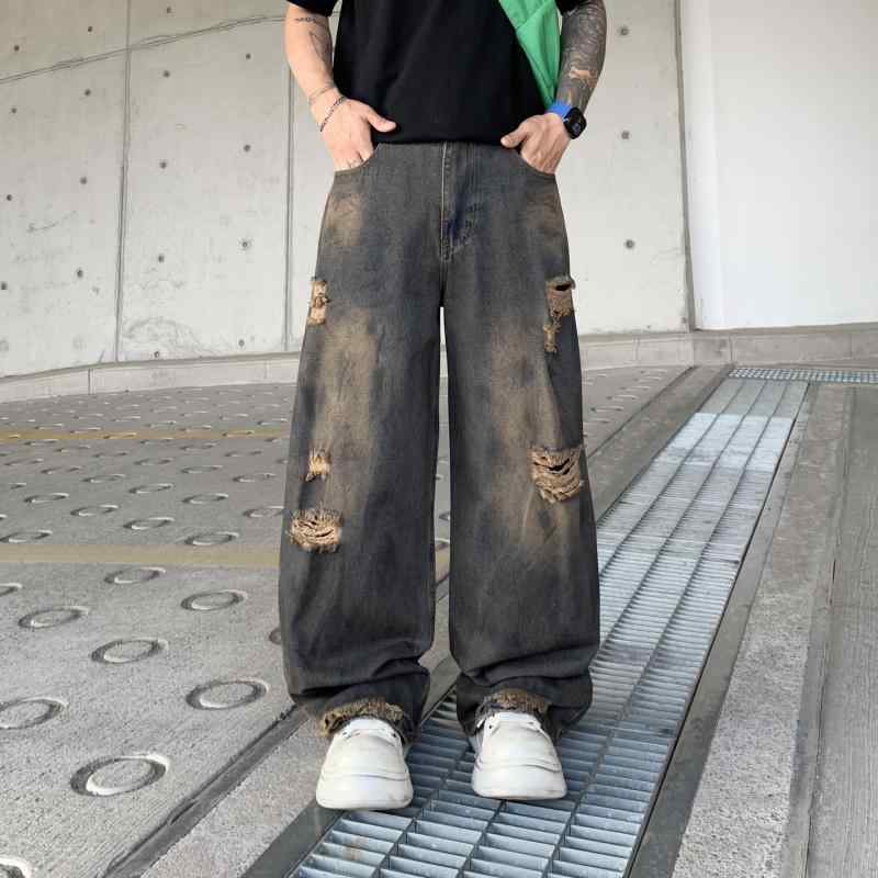 ジーンズ メンズ ダメージ加工 美品 ヴィンテージ風 ゆったり ストレート ジーパン デニムパンツ 男性用 ボトムス