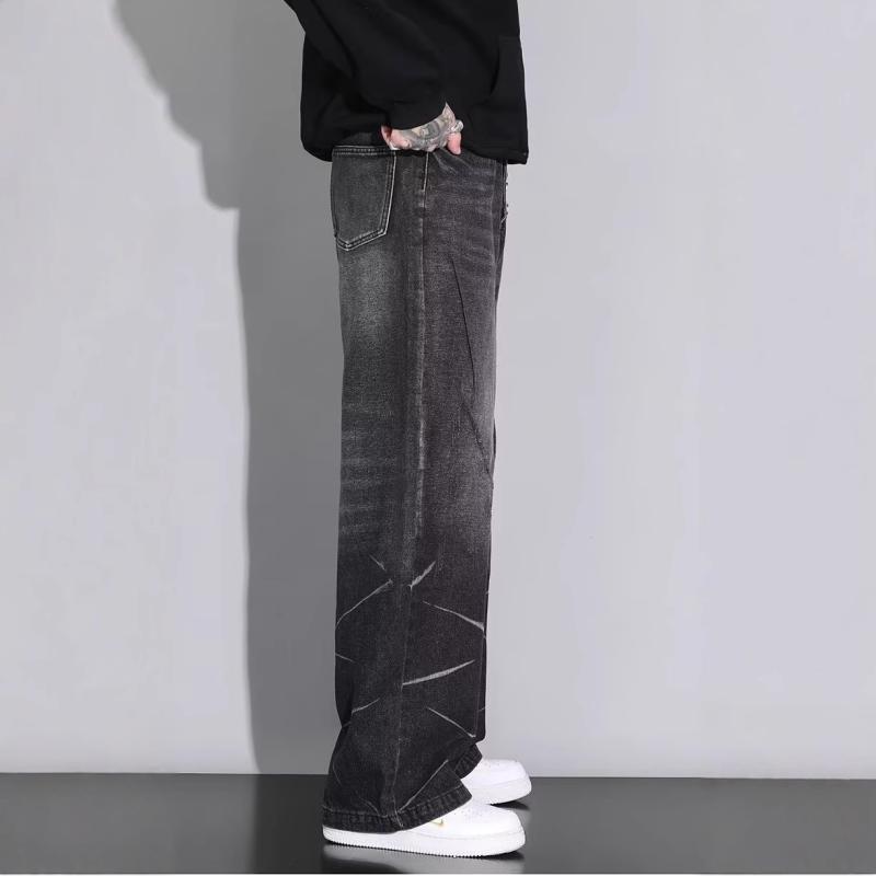 デニム メンズ ストレートジーンズ ブラック ウォッシュ加工 皺加工 ジーパン ズボン パンツ 男性用 ボトムス カジュアル アメカジ