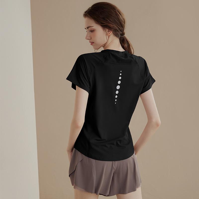 レディース 速乾 Tシャツ ヨガウェア 短袖 トップス ランニング トレーニング フィットネス 吸湿排汗 接触冷感 ポリエステル ストレッチ ブラック ライトグリーン ホワイト ピンク 春夏 秋 及腰 スリム かわいい 丸首 ドット柄 普段使い アウトド