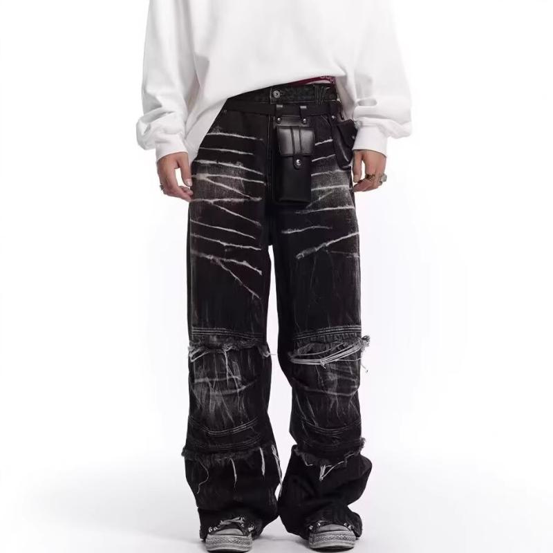 ジーンズ メンズ ヴィンテージ風 ウォッシュ加工 ストレート ルーズフィット デニムパンツ ブラック M L XL XXL XXXL 春秋