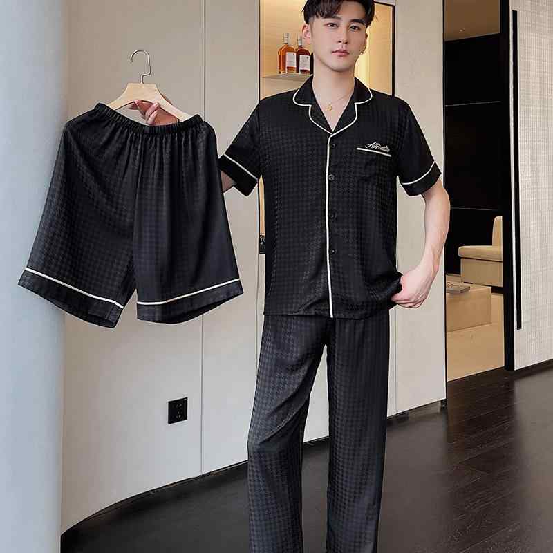 パジャマ メンズ 男性用 接触冷感 薄手 半袖 Vネック ポリエステル繊維 千鳥格子柄 春夏 秋冬 3点セット 部屋着 寝間着 リラックス ウェア ズボン 長ズボン