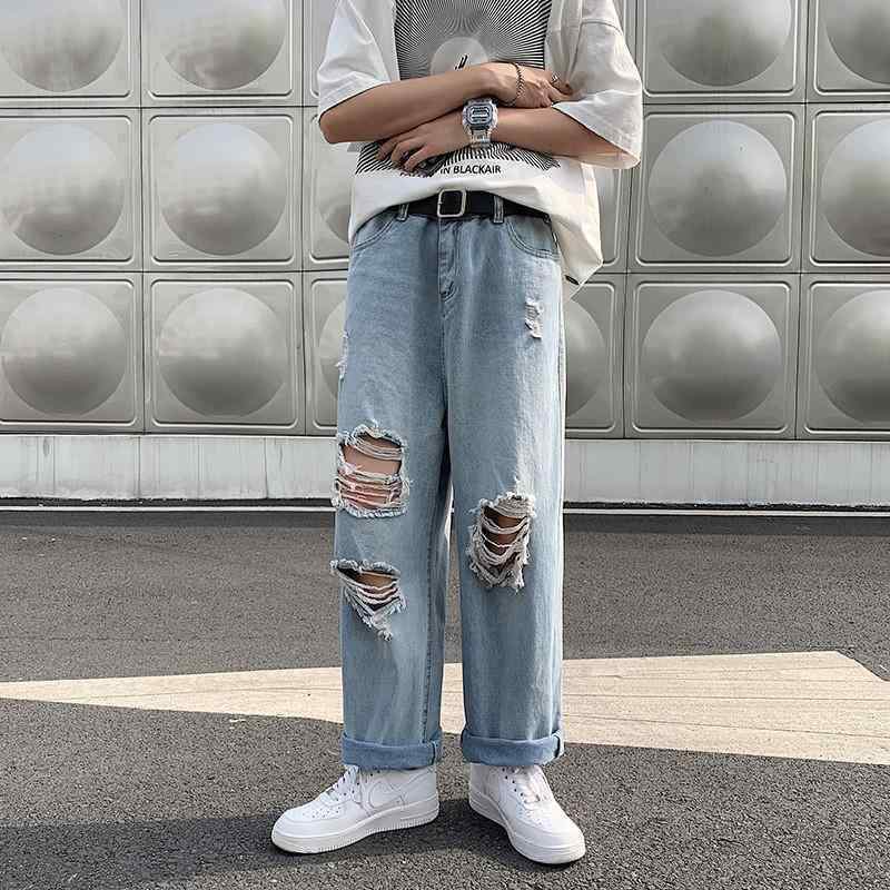 メンズ デニムパンツ 直筒 破れ フリンジ 韓国風 ルーズフィット 九分丈 ビッグシルエット 綿素材 ミドルウエスト ジッパー ウォッシュ加工 ブルー 夏用 青少年向け カジュアル 普段使い 軽量 通勤対応 ストリートファッション ラフスタイル