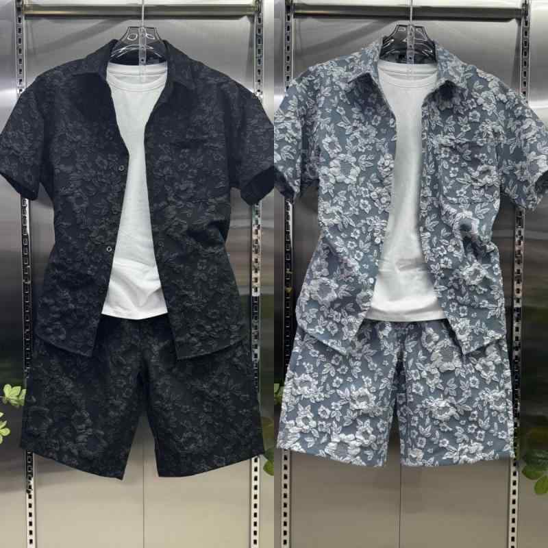 シャツ 男性用 セットアップ 浮き柄 襟付き 薄手 半袖 トップス ショートパンツ ポリエステル 普段使い リラックス 部屋着 ブラック ピンク系 ブルー