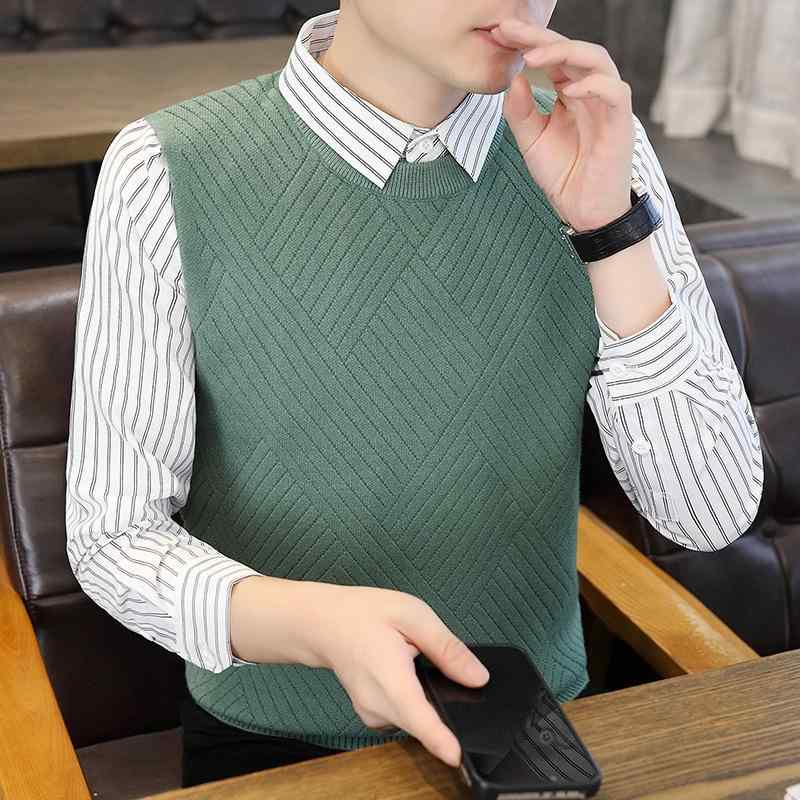 ニット メンズ 長袖 プルオーバー クルーネック コットン混紡 韓国風 切り替え ジャカード織 スタイル トップス 春秋 ブラック 杏色 黄色 グリーン L XL 2XL 3XL 4XL