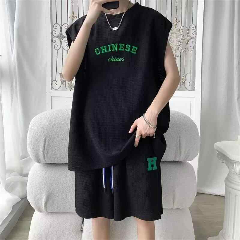 メンズ スポーツウェア セットアップ ノースリーブ Tシャツ ハーフパンツ 上下セット 部屋着 ルームウェア 普段使い 接触冷感 吸湿速乾 ポリエステル ブラック ホワイト系