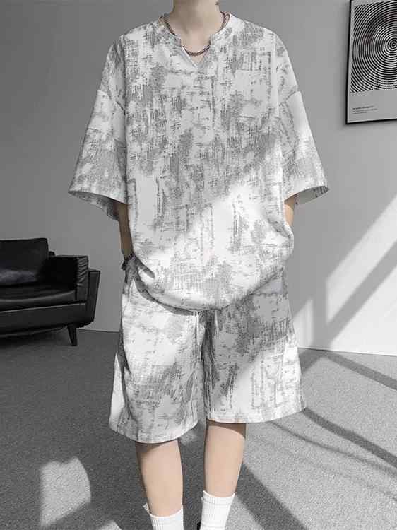 セットアップ 男性用 大きいサイズ 8XL 150kg対応 扎染 半袖 短パン 上下 2点セット 部屋着 普段使い スポーツ アウトドア ポリエステル