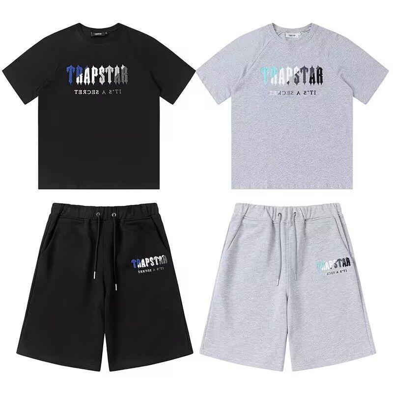 メンズ 半袖 Tシャツ ショートパンツ セットアップ 男性用 アメリカン レトロ 綿 スポーツ ウェア 刺・墸 グラデーション ブルー ホワイト 部屋着 普段使い