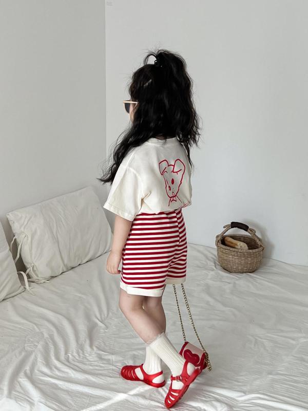 キッズ 女の子 春夏 ニットトップス ショーパン 上下セット かわいい 小犬柄 Tシャツ 短パン 綿混紡 90cm 100cm 110cm 120cm 130cm 140cm