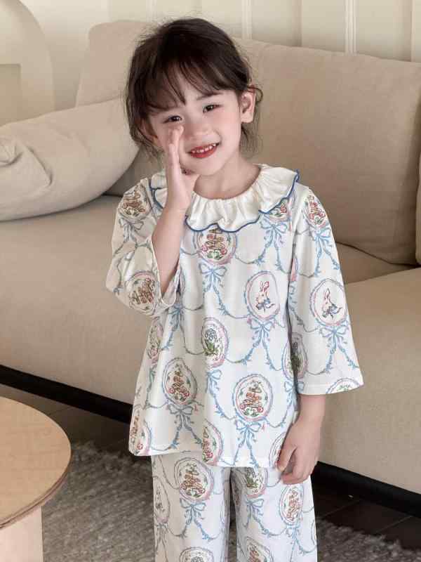 子供用パジャマ 女の子 A類 小花柄 レース 襟付き キッズルームウェア 中大童 上下セット かわいい 薄手 吸湿速乾 再生繊維 綿 春夏