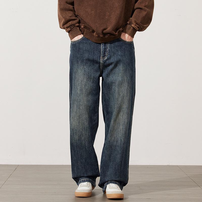 デニム メンズ 男性用 ジーンズ ジーパン ストレート ワイドレッグ ルーズフィット ロングパンツ 中厚手 秋物 カジュアル アメカジ
