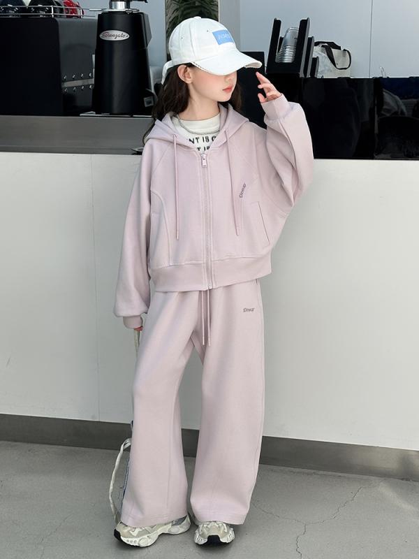子供用 パンツセット 女の子 春秋 セットアップ 長袖 パーカー ワイドレッグパンツ 2点セット 普段使い 部屋着 運動着 パープル系