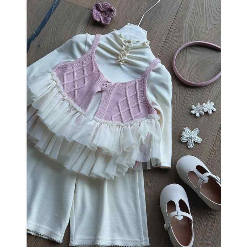 子供服 セットアップ 女の子 秋物 ニットキャミソール トップス パンツ 3点セット ガーリー かわいい 普段着 お出かけ