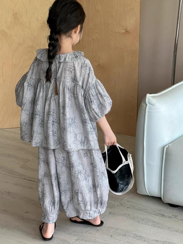 子供服 セットアップ パンツスーツ 薄手 ワイドレッグパンツ 2点セット カットソー ガールズ 夏服 かわいい おしゃれ 普段使い 部屋着 韓国風 グレー 110cm 120cm 130cm 140cm 150cm 160cm