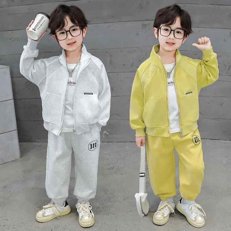 子供用ジャージ 上下セット 男の子 スポーツウェア カジュアル 綿85% 長袖 ジップアップ ジャケット パンツ 2点セット 普段着 部屋着 ミディアムグレー 卵色 90cm 100cm 110cm 120cm 130cm 140cm 150cm 160