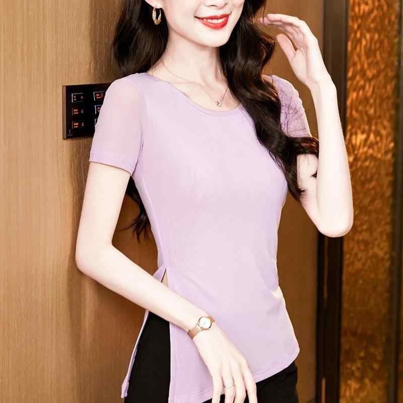 Tシャツ レディース 半袖 ラウンドネック 無地 コットン メッシュ チュール 切り替え スリム ブラック ライトブルー パステルカラー 接触冷感 吸湿速乾 トップス カットソー
