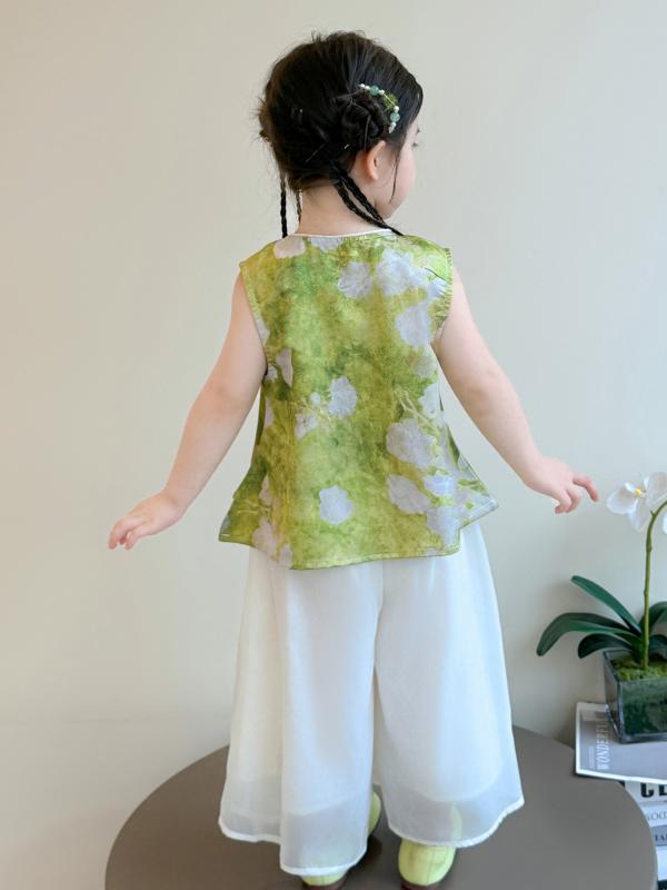 キッズ 女の子 夏物 上下セット 新しい中国スタイル ワイドレッグパンツ 2点セット 薄手 通気性 吸湿性 快適 ポリエステル