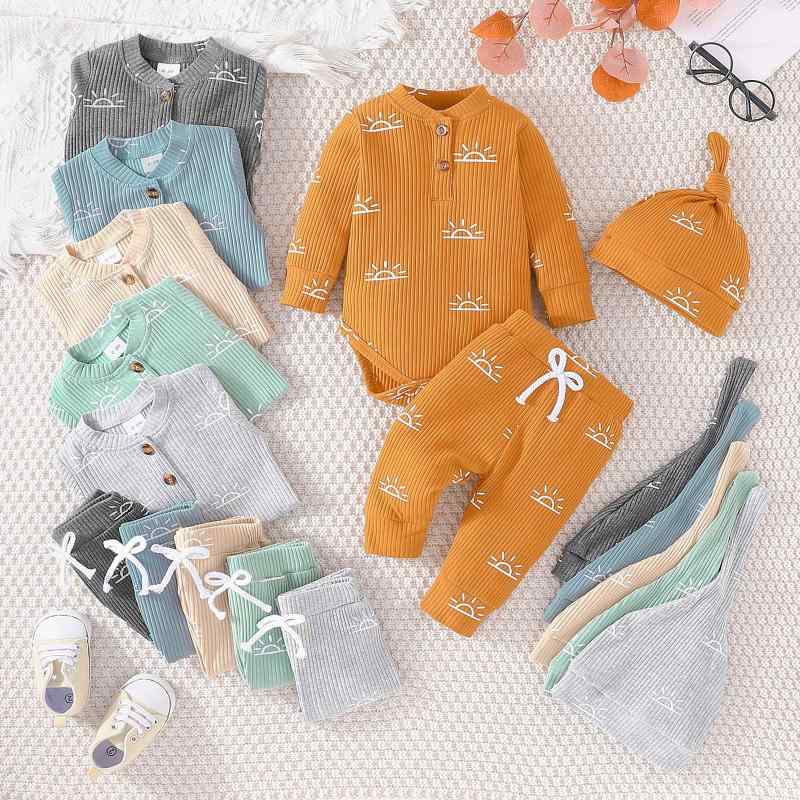 ベビー服 女の子 秋物 長袖ロンパース 3点セット 韓国風 純色 リブニット ベビーウェア パンツ 帽子付き かわいい 普段使い