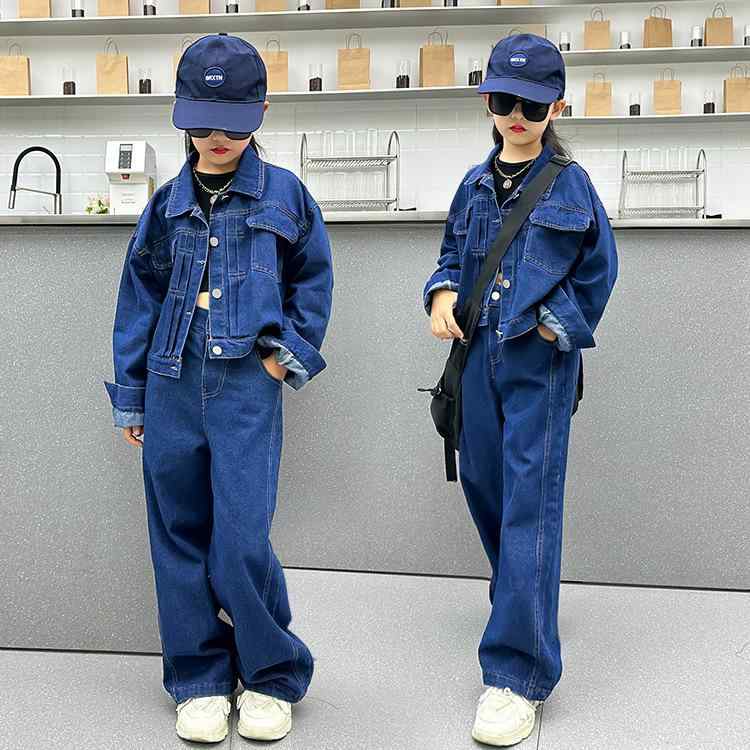 子供服 デニムセットアップ キッズ 女の子 ワイドレッグパンツ 上下2点セット 長袖 薄手 春秋物 120 130 140 150 160 170 ブルー ガールズ かわいい 韓国風 おしゃれ 8歳 9歳 10歳 11歳 12歳