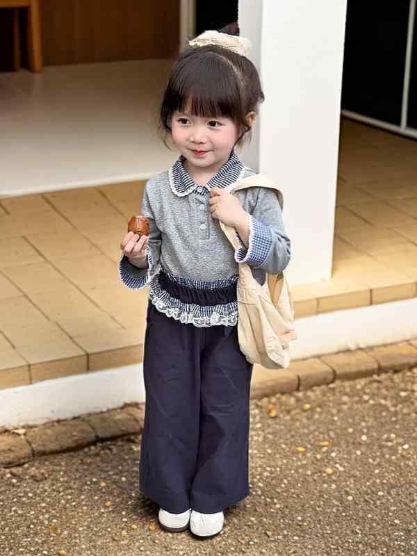 キッズ 女の子 ニット トップス ワイドパンツ セットアップ 韓国風 子供服 レース 再生繊維 春夏